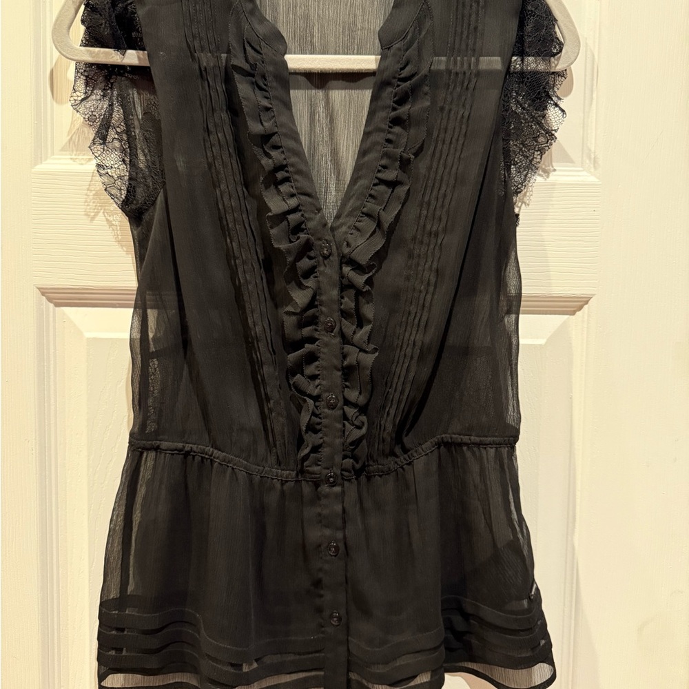 Guess Black Sheer Ruffle Blouse